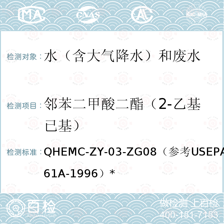 邻苯二甲酸二酯（2-乙基已基） QHEMC-ZY-03-ZG08
（参考USEPA8061A-1996）* 水质 邻苯二甲酸二（2-乙基已基）酯的测定
气相色谱法