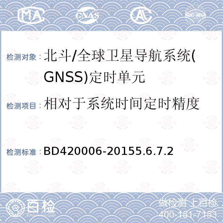 相对于系统时间定时精度 BD420006-20155.6.7.2 北斗/全球卫星导航系统（GNSS）定时单元性能要求及测试方法