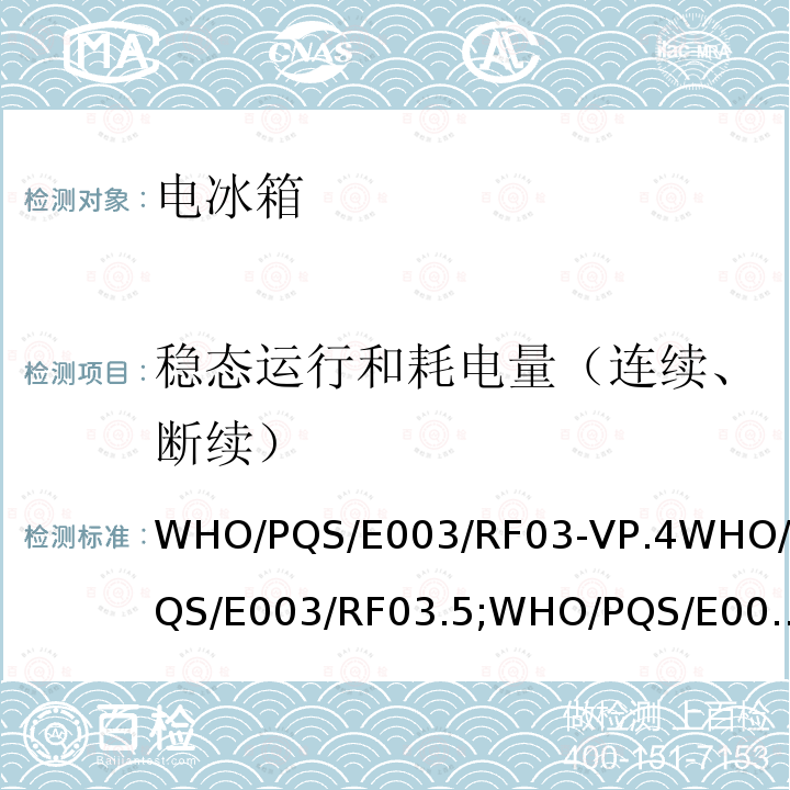 稳态运行和耗电量（连续、断续） 冰衬冷藏柜或冷藏-冰袋组合冷柜 压缩式循环