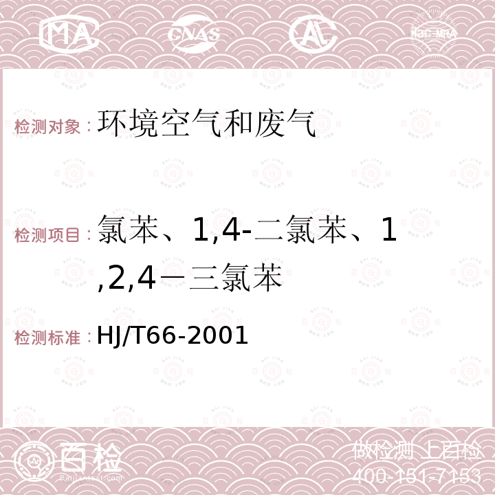 氯苯、1,4-二氯苯、1,2,4－三氯苯 HJ/T 66-2001 大气固定污染源 氯苯类化合物的测定 气相色谱法