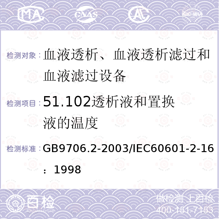 51.102透析液和置换液的温度 GB 9706.2-2003 医用电气设备 第2-16部分:血液透析、血液透析滤过和血液滤过设备的安全专用要求