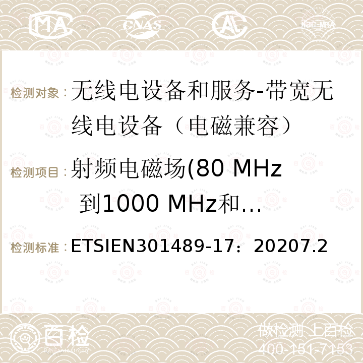 射频电磁场(80 MHz 到1000 MHz和 1400 MHz到 2000 MHz) ETSIEN301489-17：20207.2 无线电设备和服务的电磁兼容 (EMC) 标准； 第 17 部分：宽带数据传输系统的特殊条件