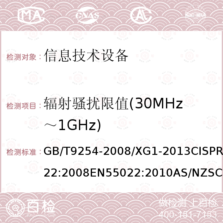 辐射骚扰限值(30MHz～1GHz) GB/T 9254-2008 【强改推】信息技术设备的无线电骚扰限值和测量方法(包含修改单1)