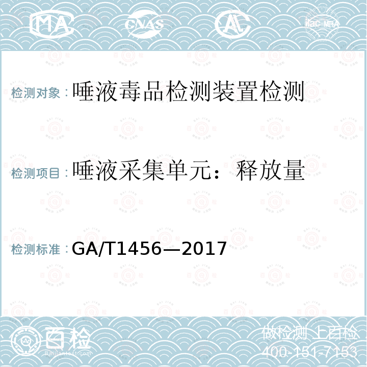 唾液采集单元：释放量 GA/T 1456-2017 唾液毒品检测装置通用技术要求