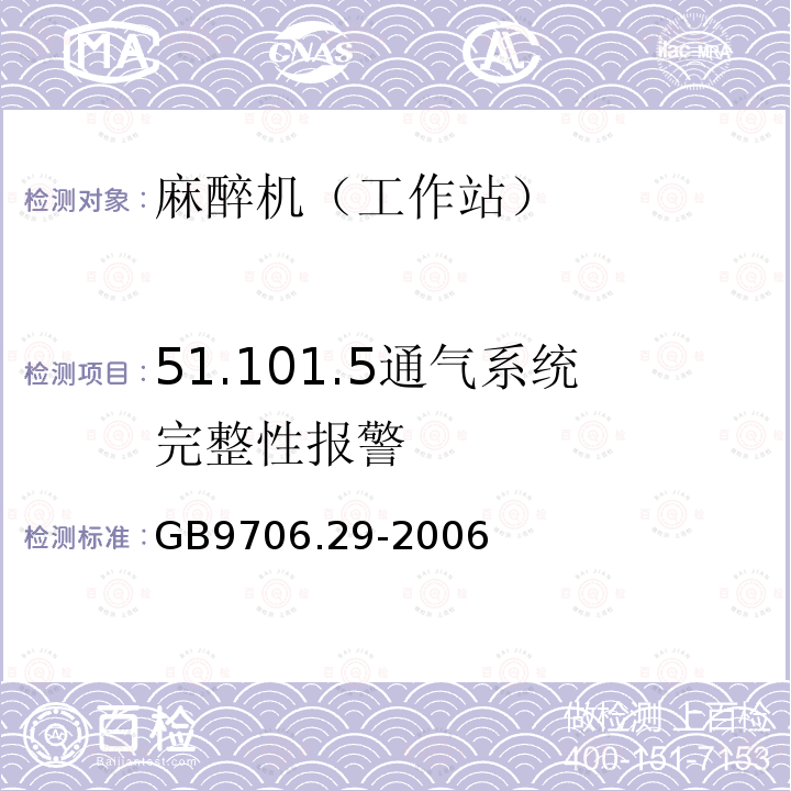 51.101.5通气系统完整性报警 GB 9706.29-2006 医用电气设备 第2部分:麻醉系统的安全和基本性能专用要求