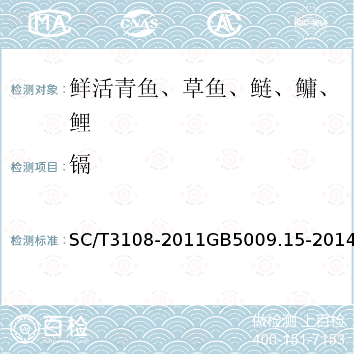 镉 SC/T 3108-2011 鲜活青鱼、草鱼、鲢、鳙、鲤