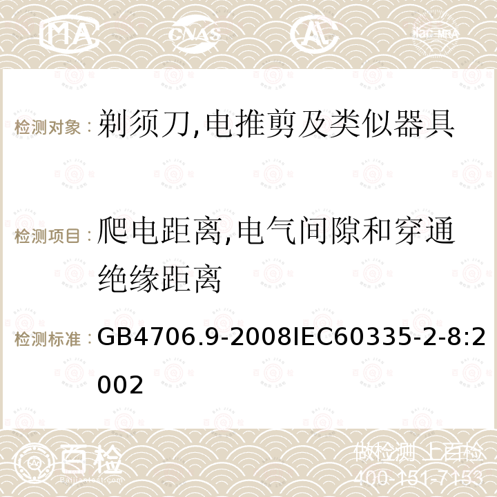 爬电距离,电气间隙和穿通绝缘距离 GB 4706.9-2008 家用和类似用途电器的安全 剃须刀、电推剪及类似器具的特殊要求