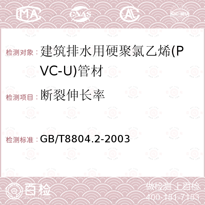 断裂伸长率 热塑性塑料管材 拉伸性能测定 第2部分:硬聚氯乙烯(PVC-U)、氯化聚氯乙烯（PVC-U）和高抗冲聚氯乙烯（PVC-HI）管材