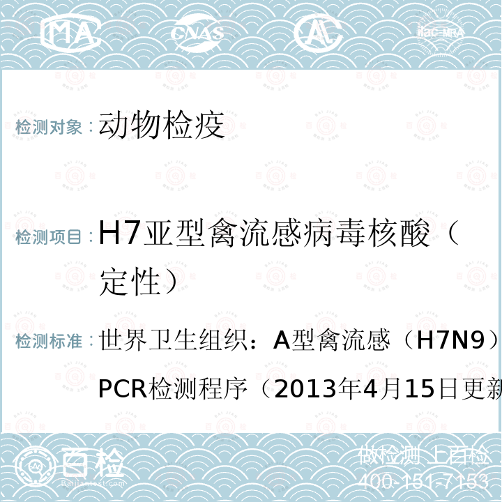 H7亚型禽流感病毒核酸（定性） 世界卫生组织：A型禽流感（H7N9）病毒实时荧光RT-PCR检测程序（2013年4月15日更新） 