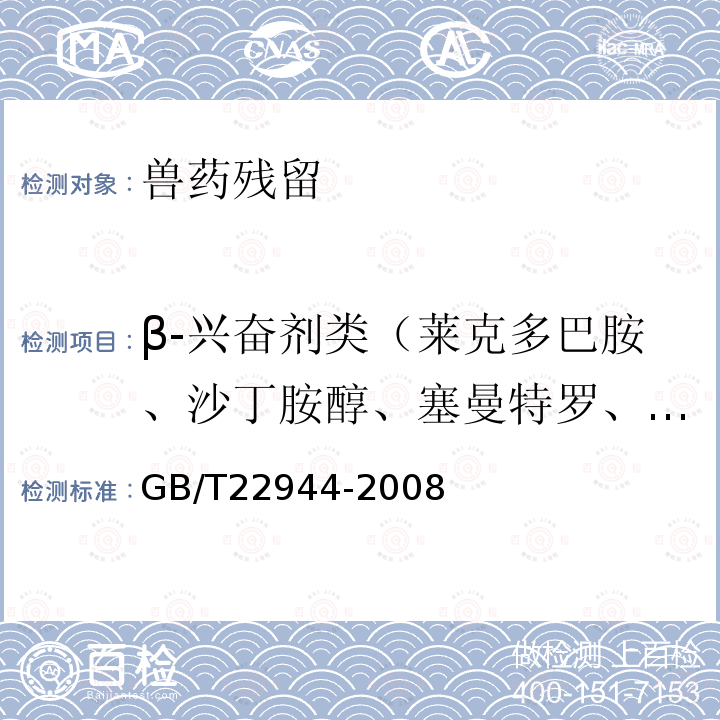 β-兴奋剂类（莱克多巴胺、沙丁胺醇、塞曼特罗、克仑潘特、克仑特罗、溴布特罗、妥布特罗、马布特罗、特布他林、利托君、苯氧丙酚胺、羟甲基氨克仑特罗） GB/T 22944-2008 蜂蜜中克伦特罗残留量的测定 液相色谱-串联质谱法