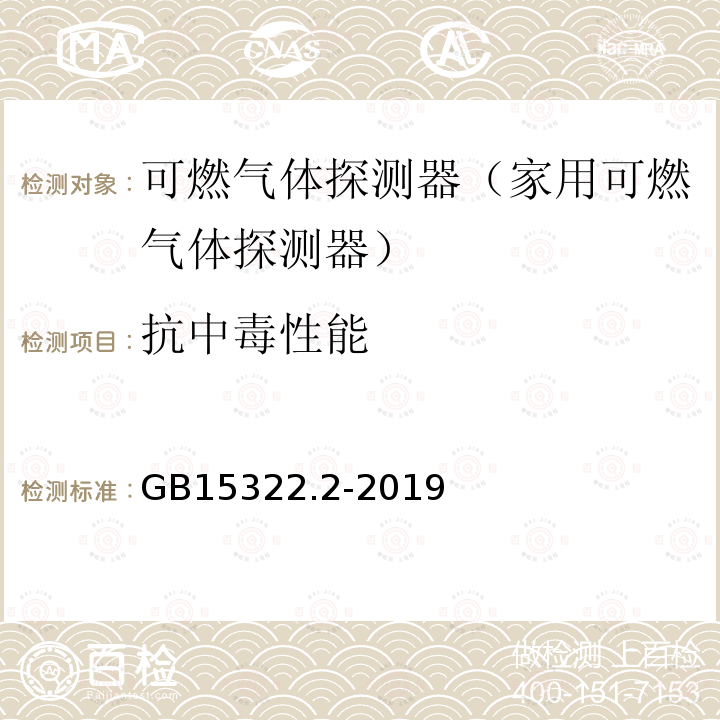 抗中毒性能 GB 15322.2-2019 可燃气体探测器 第2部分：家用可燃气体探测器