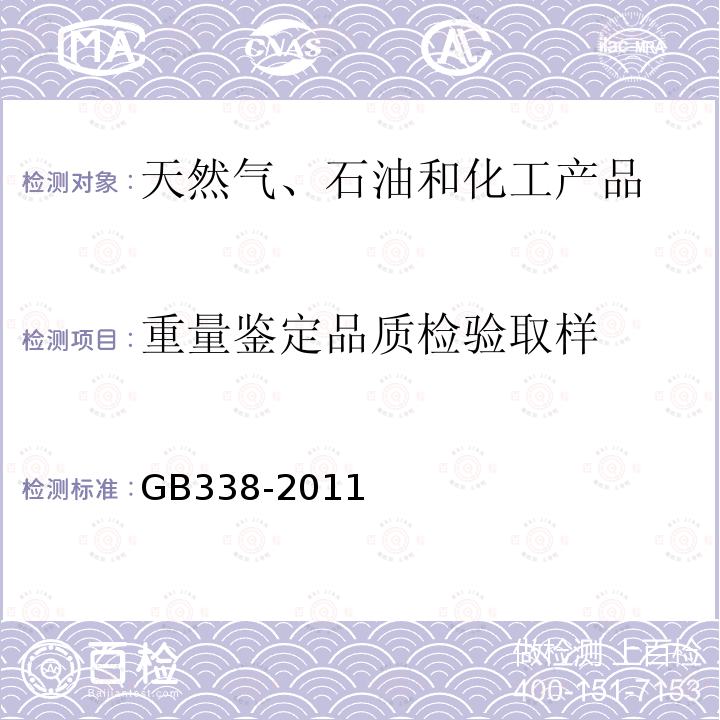 重量鉴定
品质检验
取样 GB/T 338-2011 【强改推】工业用甲醇