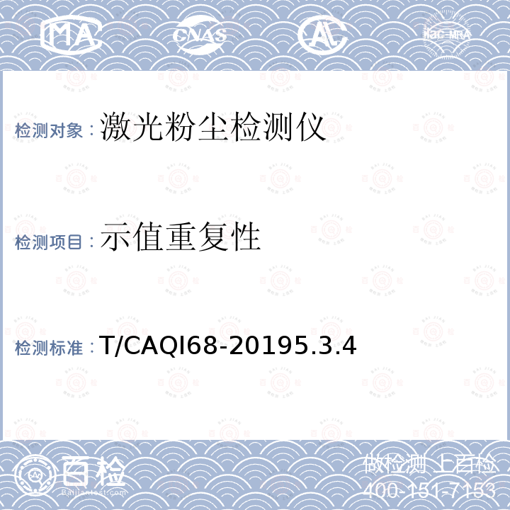 示值重复性 T/CAQI68-20195.3.4 民用建筑环境用激光粉尘检测仪