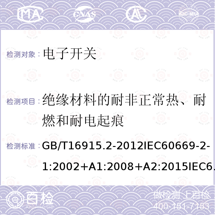 绝缘材料的耐非正常热、耐燃和耐电起痕 家用和类似用途固定式电气装置的开关 第2-1部分：电子开关的特殊要求