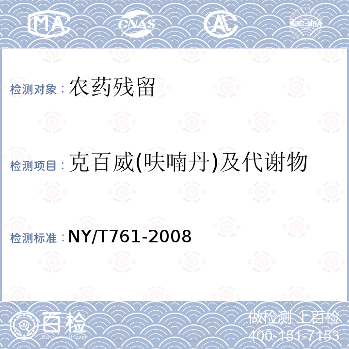 克百威(呋喃丹)及代谢物 蔬菜和水果中有机磷、有机氯、拟除虫菊酯和氨基甲酸酯类农药多残留的测定