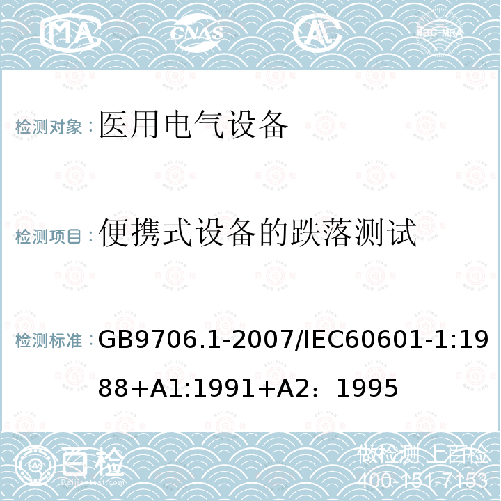 便携式设备的跌落测试 GB 9706.1-2007 医用电气设备 第一部分:安全通用要求