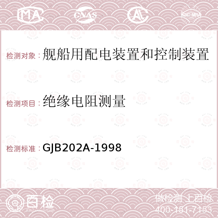 绝缘电阻测量 GJB202A-1998 舰船用配电装置和控制装置通用规范