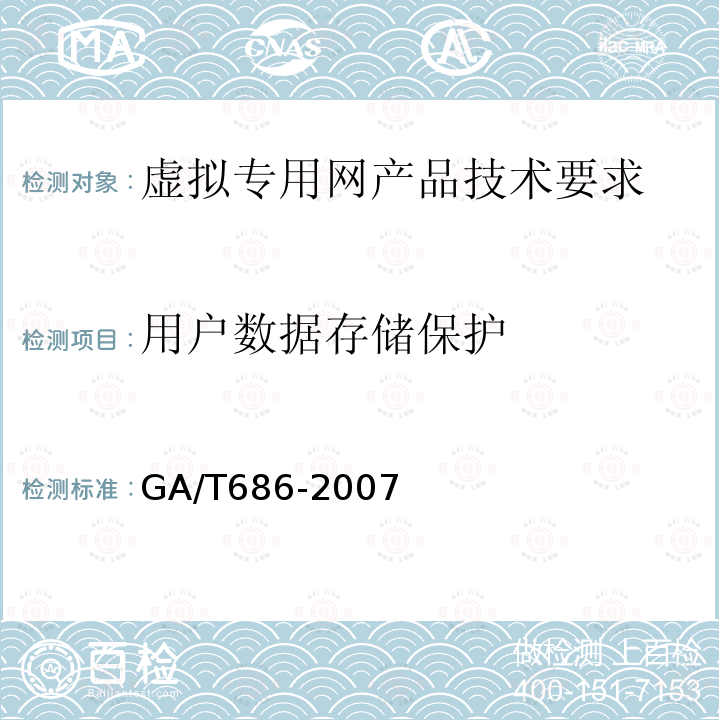 用户数据存储保护 GA/T 686-2007 信息安全技术 虚拟专用网安全技术要求