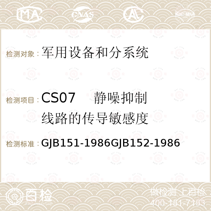 CS07    静噪抑制线路的传导敏感度 GJB151-1986GJB152-1986 军用设备和分系统电磁发射和敏感度测量