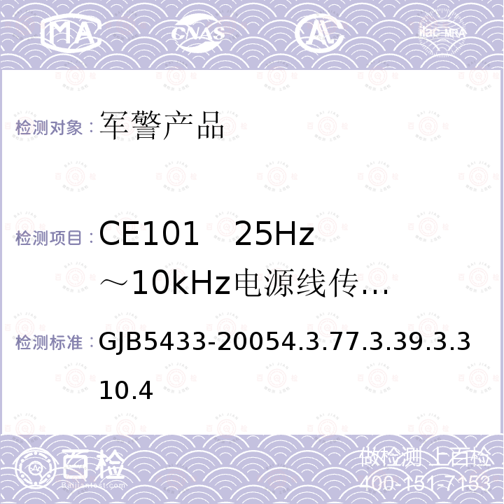 CE101   25Hz～10kHz
电源线传导发射 GJB5433-20054.3.77.3.39.3.310.4 无人机系统通用要求