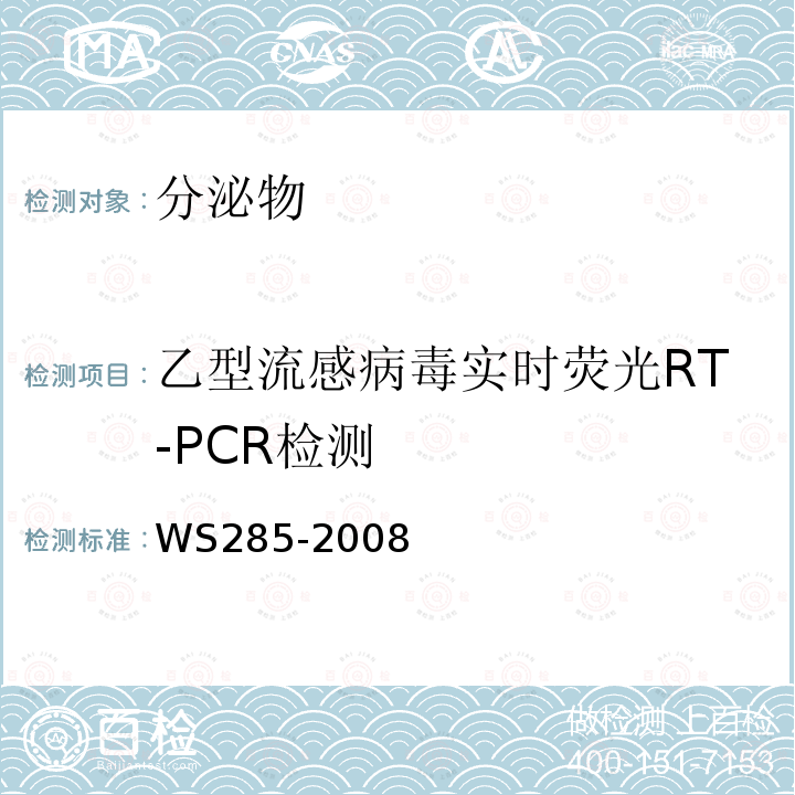 乙型流感病毒实时荧光RT-PCR检测 流行性感冒诊断标准 WS 285-2008附录D：D.2 实时荧光定量RT-PCR