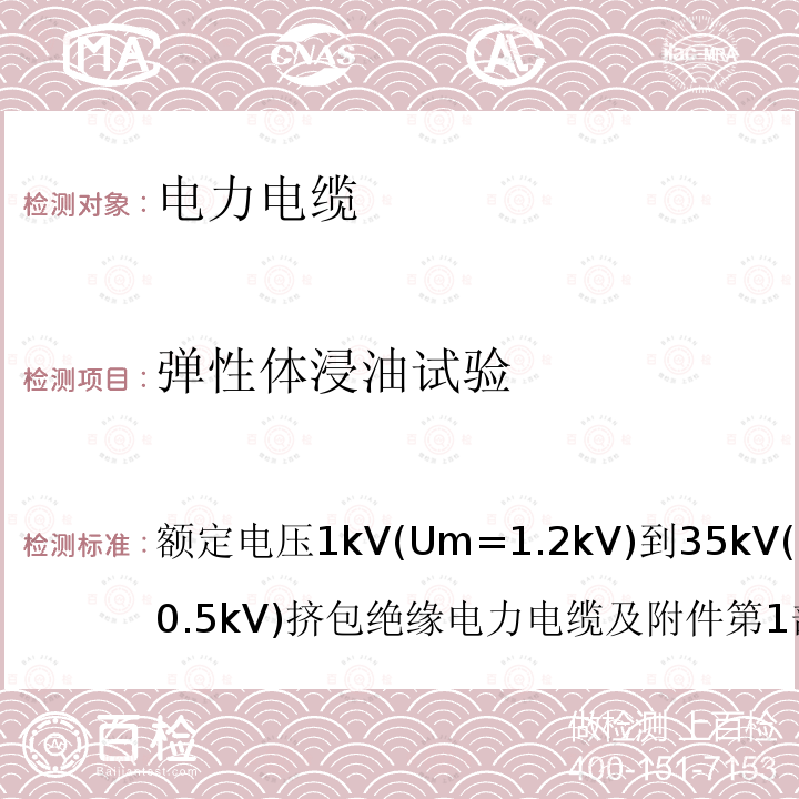 弹性体浸油试验 额定电压1kV(Um=1.2kV)到35kV(Um=40.5kV)挤包绝缘电力电缆及附件 第1部分：额定电压6kV(Um=7.2kV)和30kV(Um=36kV)电缆 GB/T12706.2-2008 19.12