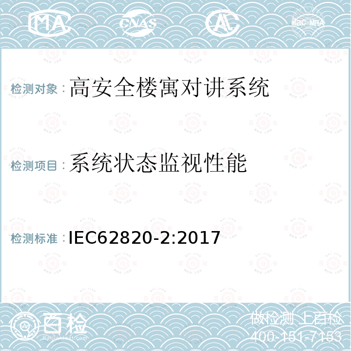 系统状态监视性能 IEC 62820-2-2017 构建内部通信系统 第2部分:高级安全建筑对讲系统的要求