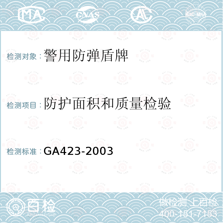 防护面积和质量检验 GA 423-2003 防弹盾牌
