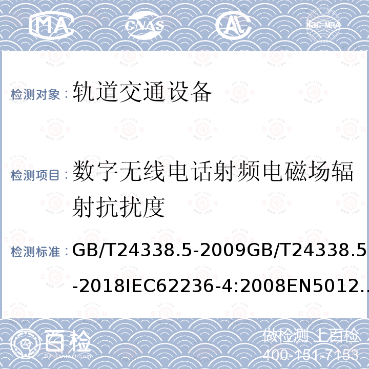 数字无线电话射频电磁场辐射抗扰度 铁路应用—电磁兼容—第4部分—信号和通讯设备的发射和抗扰度