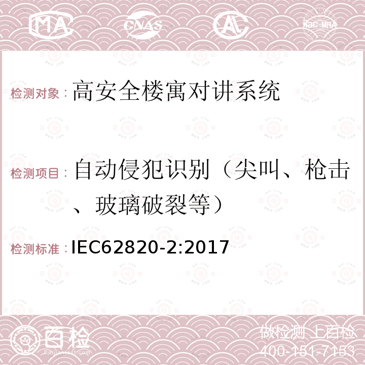 自动侵犯识别（尖叫、枪击、玻璃破裂等） IEC 62820-2-2017 构建内部通信系统 第2部分:高级安全建筑对讲系统的要求