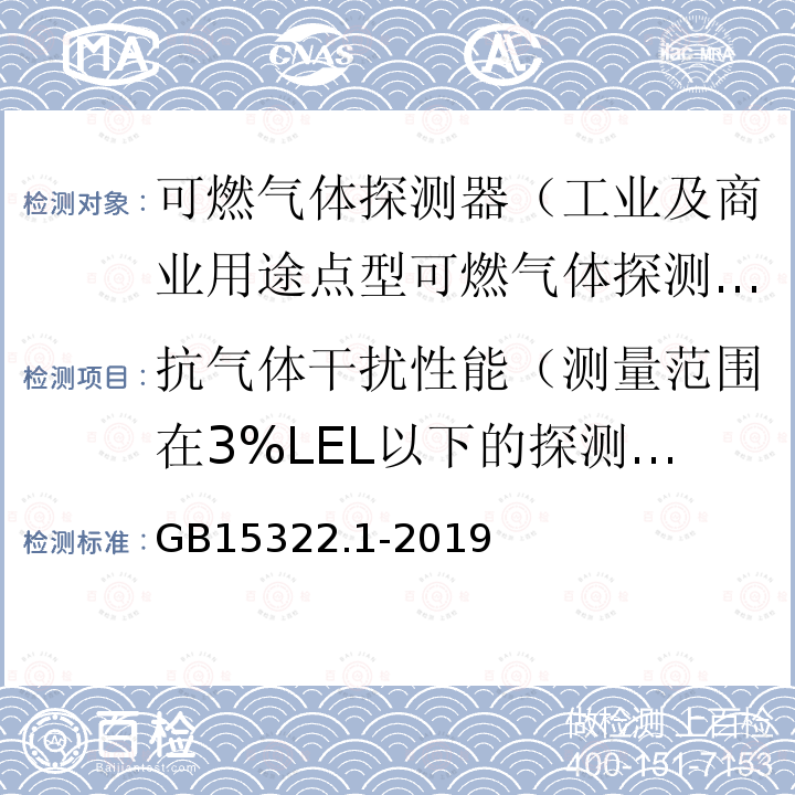 抗气体干扰性能（测量范围在3%LEL以下的探测器除外） GB 15322.1-2019 可燃气体探测器 第1部分：工业及商业用途点型可燃气体探测器