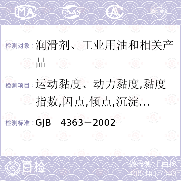 运动黏度、动力黏度,黏度指数,闪点,倾点,沉淀物,水分,硫酸盐灰分,碱值,抗水洗性,泡沫特性,酸值,锌,残炭 舰船通用柴油机油规范