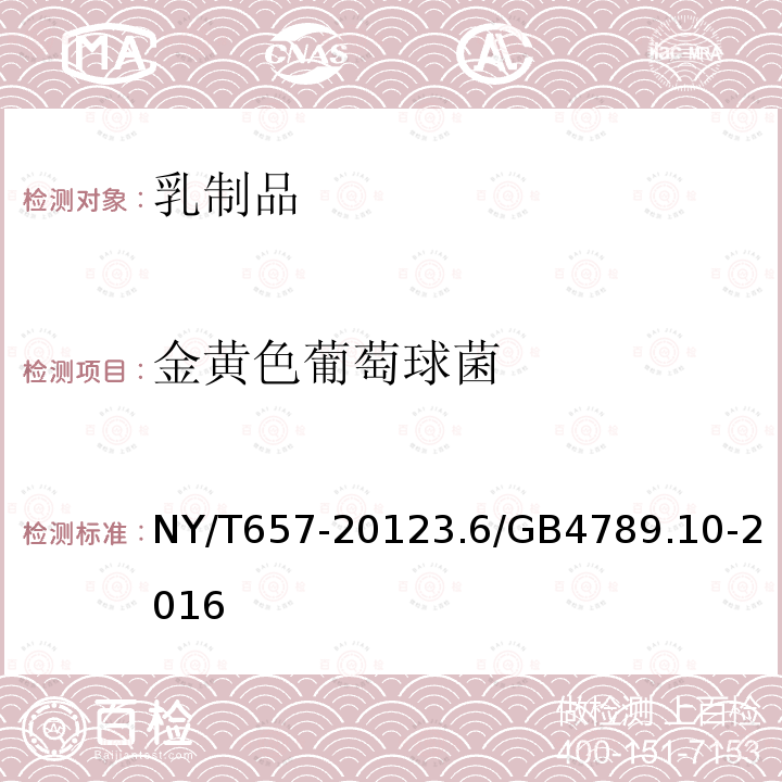 金黄色葡萄球菌 NY/T 657-2012 绿色食品 乳制品