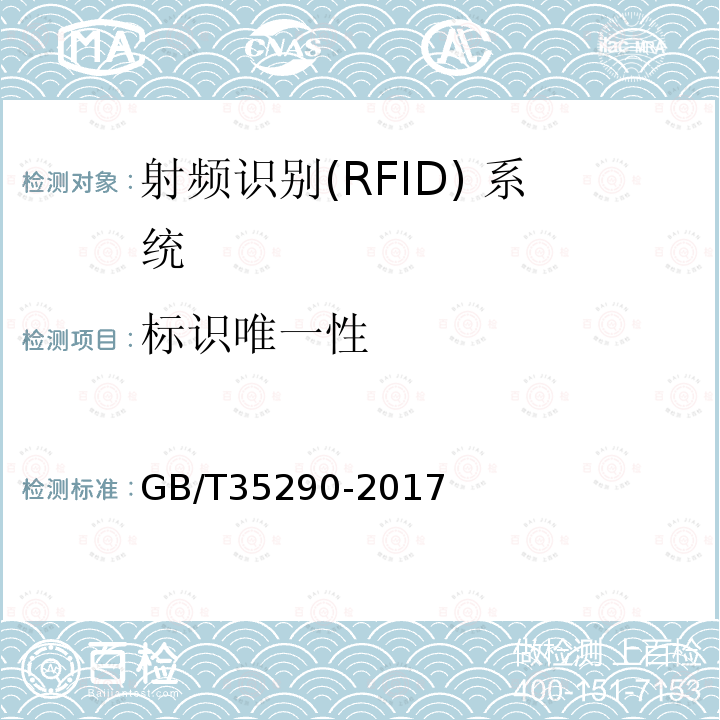 标识唯一性 GB/T 35290-2017 信息安全技术 射频识别（RFID）系统通用安全技术要求