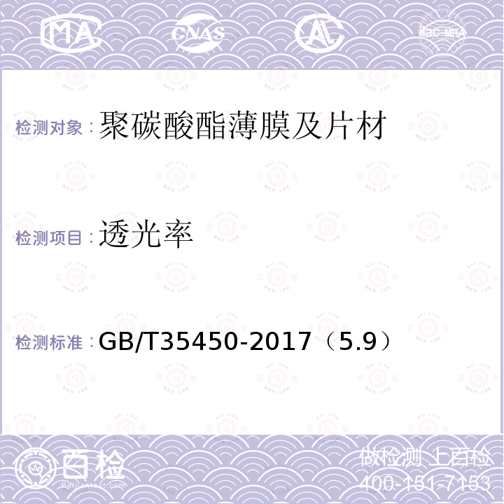 透光率 GB/T 35450-2017 聚碳酸酯薄膜及片材