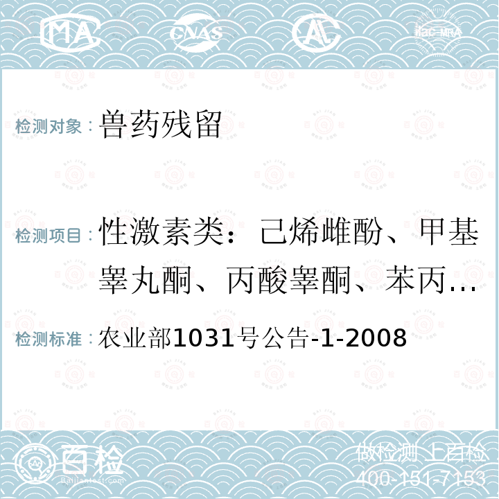 性激素类：己烯雌酚、甲基睾丸酮、丙酸睾酮、苯丙酸诺龙、苯甲酸雌二醇及其盐、衍生物、康力龙、甲基睾酮、群勃龙、丙酸睾酮、苯丙酸诺龙 农业部1031号公告-1-2008 动物源性食品中11种激素残留检测液相色谱-串联质谱法