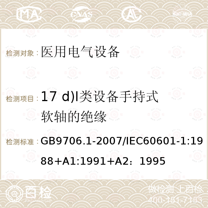 17 d)I类设备手持式软轴的绝缘 GB 9706.1-2007 医用电气设备 第一部分:安全通用要求