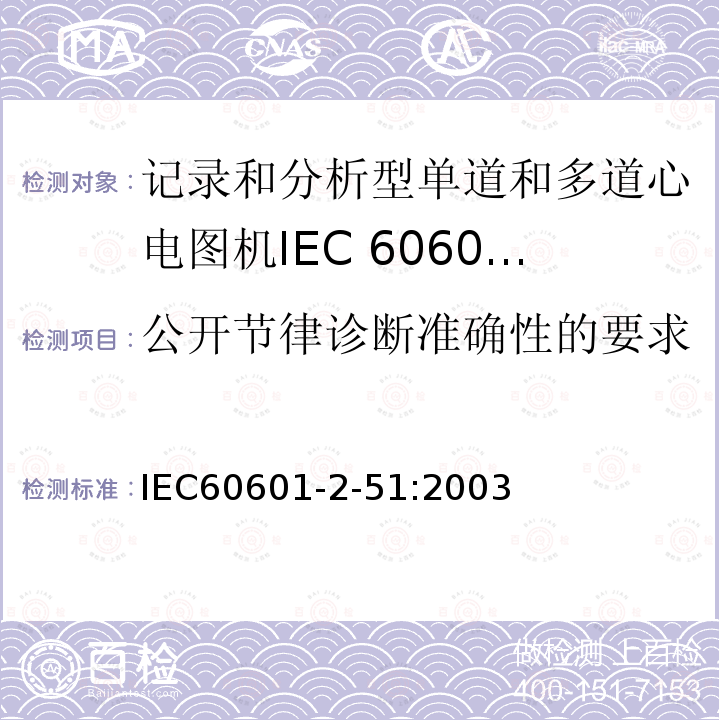 公开节律诊断准确性的要求 IEC 60601-2-51-2003 医用电气设备 第2-51部分:有记录和分析功能的单通道和多通道心电图仪的安全专用要求（包括基本性能）