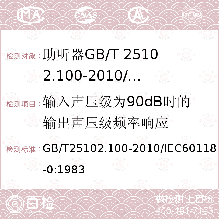 输入声压级为90dB时的输出声压级频率响应 GB/T 25102.100-2010 电声学 助听器 第0部分:电声特性的测量