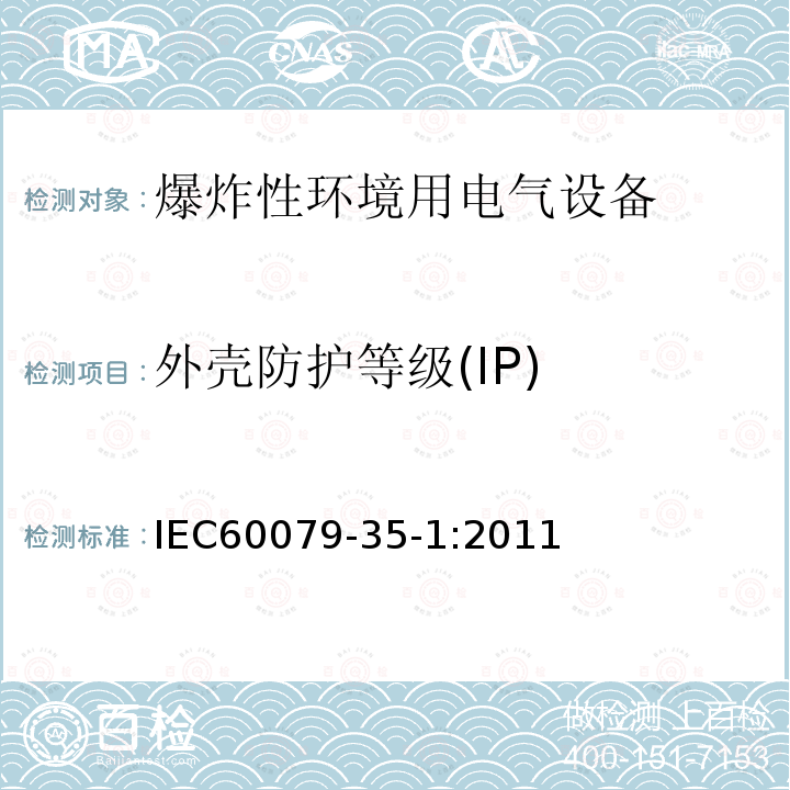 外壳防护等级(IP) IEC 60079-35-1-2011 易爆气体环境 第35-1部分:沼气敏感矿区用矿灯 一般要求 涉及爆炸风险的施工及测试