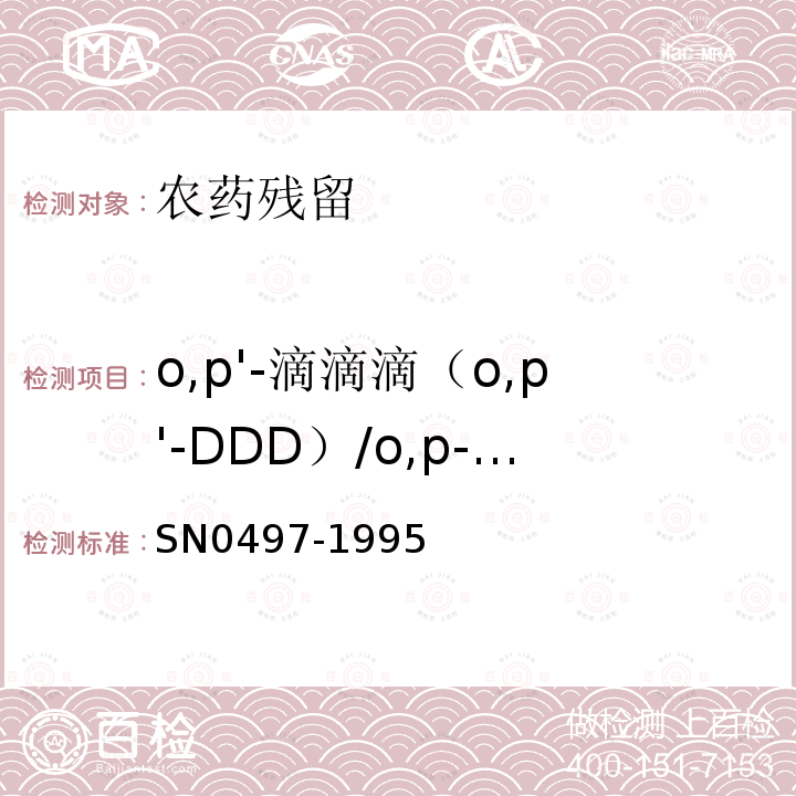 o,p'-滴滴滴（o,p'-DDD）/o,p-滴滴滴（o,p-DDD）/op’-滴滴滴（op’-DDD）/2,4＇-滴滴滴(2,4＇-DDD) SN 0497-1995 出口茶叶中多种有机氯农药残留量检验方法