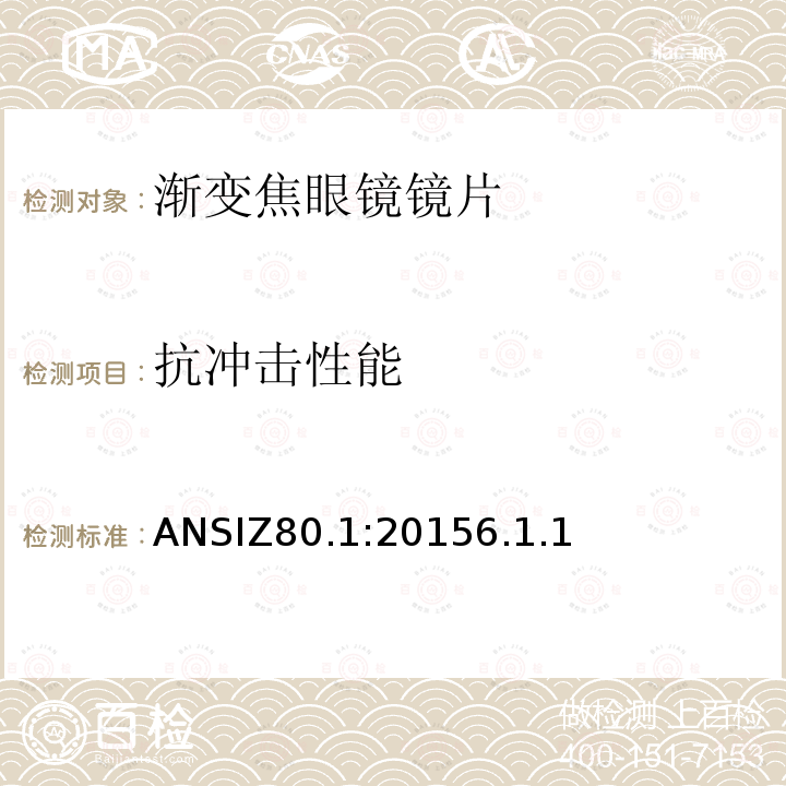 抗冲击性能 ANSIZ80.1:20156.1.1 处方镜片要求