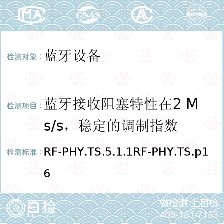 蓝牙接收阻塞特性在2 Ms/s，稳定的调制指数 RF-PHY.TS.5.1.1RF-PHY.TS.p16 蓝牙低功耗射频测试规范