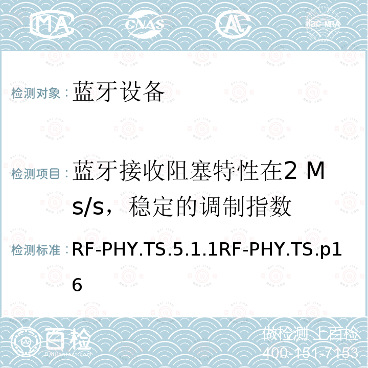 蓝牙接收阻塞特性在2 Ms/s，稳定的调制指数 蓝牙低功耗射频测试规范