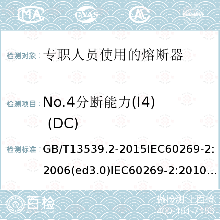 No.4分断能力(I4) (DC) GB/T 13539.2-2015 低压熔断器 第2部分:专职人员使用的熔断器的补充要求(主要用于工业的熔断器)标准化熔断器系统示例A至K