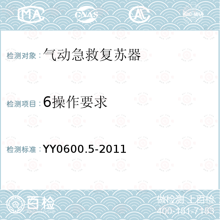 6操作要求 YY 0600.5-2011 医用呼吸机 基本安全和主要性能专用要求 第5部分:气动急救复苏器