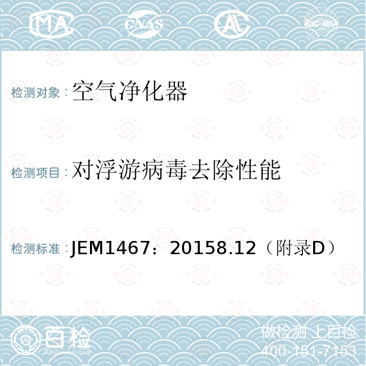 对浮游病毒去除性能 JEM1467：20158.12（附录D） 家庭用空气净化器