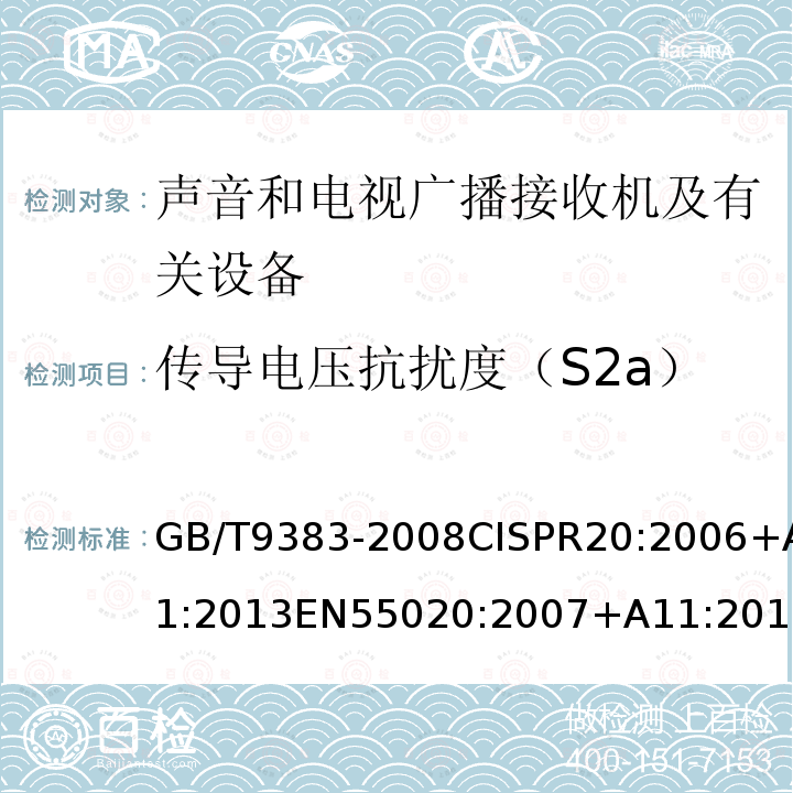 传导电压抗扰度（S2a） GB/T 9383-2008 声音和电视广播接收机及有关设备抗扰度 限值和测量方法