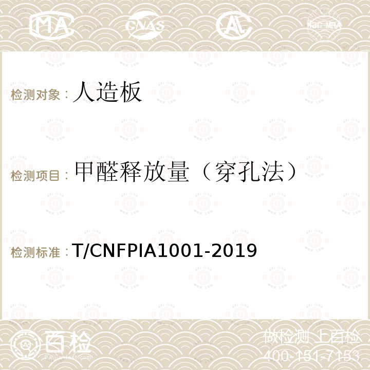 甲醛释放量（穿孔法） T/CNFPIA1001-2019 人造板甲醛释放限量