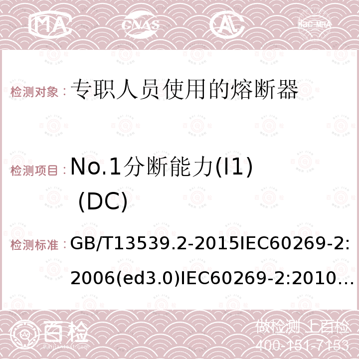 No.1分断能力(I1) (DC) GB/T 13539.2-2015 低压熔断器 第2部分:专职人员使用的熔断器的补充要求(主要用于工业的熔断器)标准化熔断器系统示例A至K